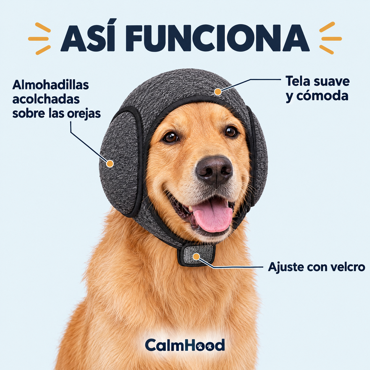 Así funciona CalmHood: almohadillas acolchadas, tela suave y ajuste con velcro