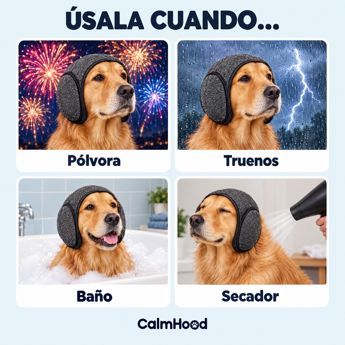 Usa CalmHood con pólvora, truenos, baño y secador