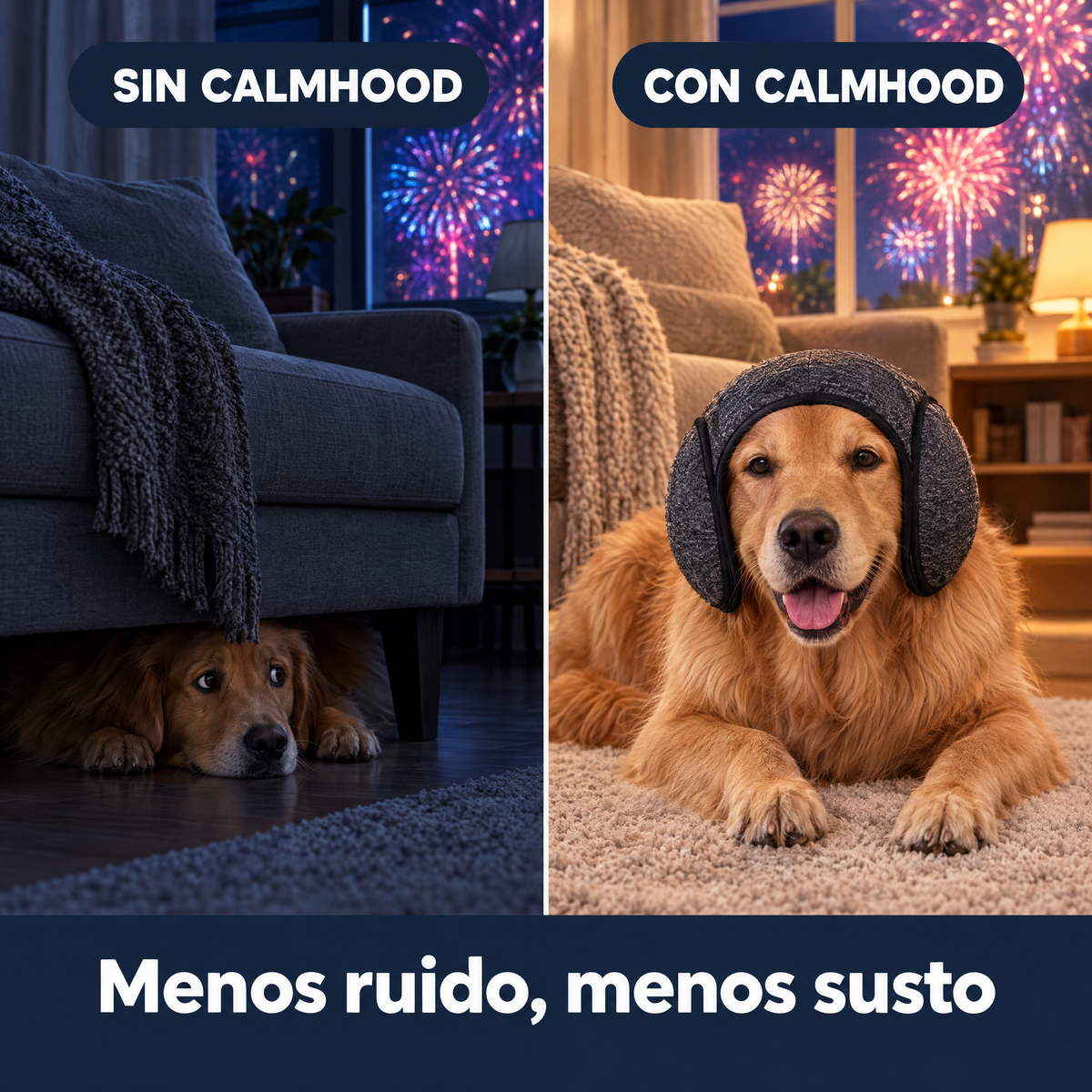 Perro sin y con CalmHood durante la pólvora